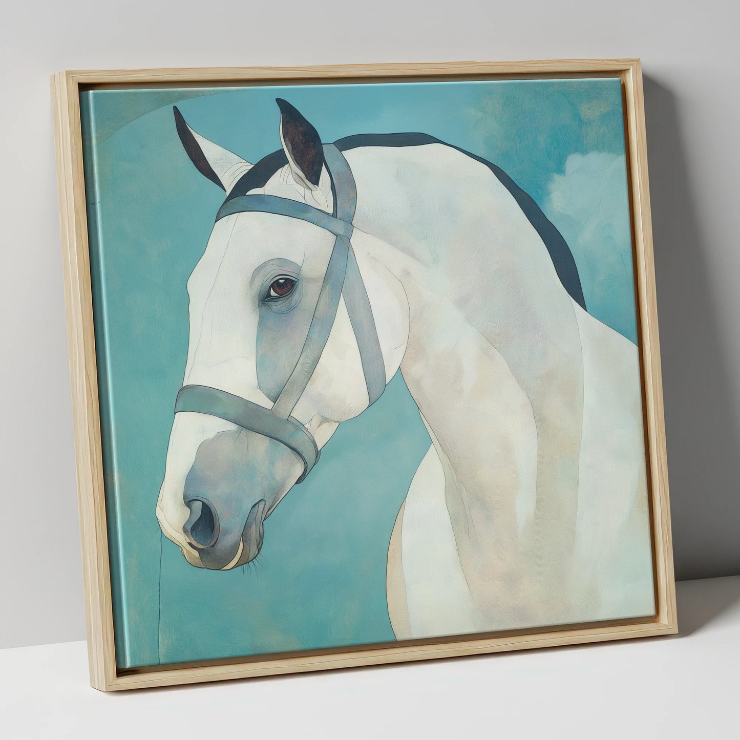 Serene Focus in Teal horse portrait canvas wall art in natural frame