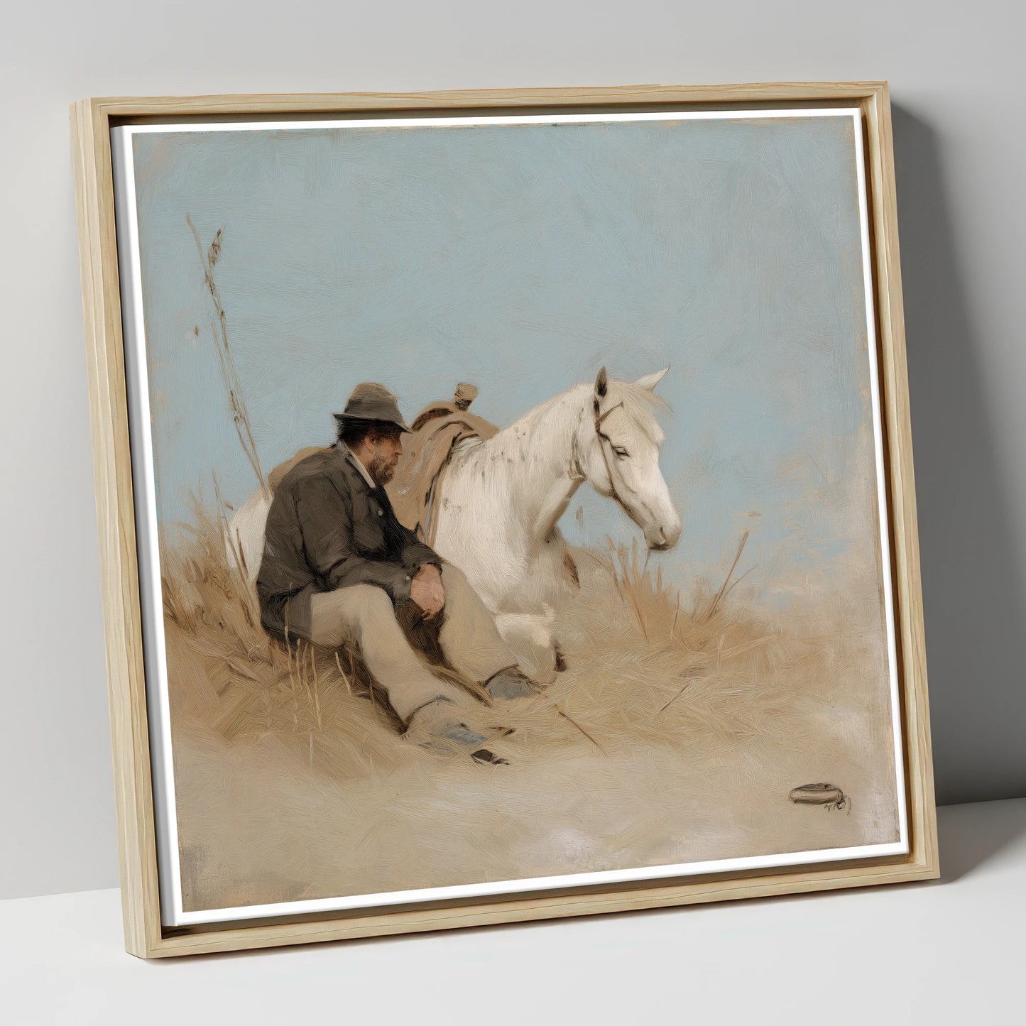 The Journey's Pause horse & rider canvas wall art in natural frame