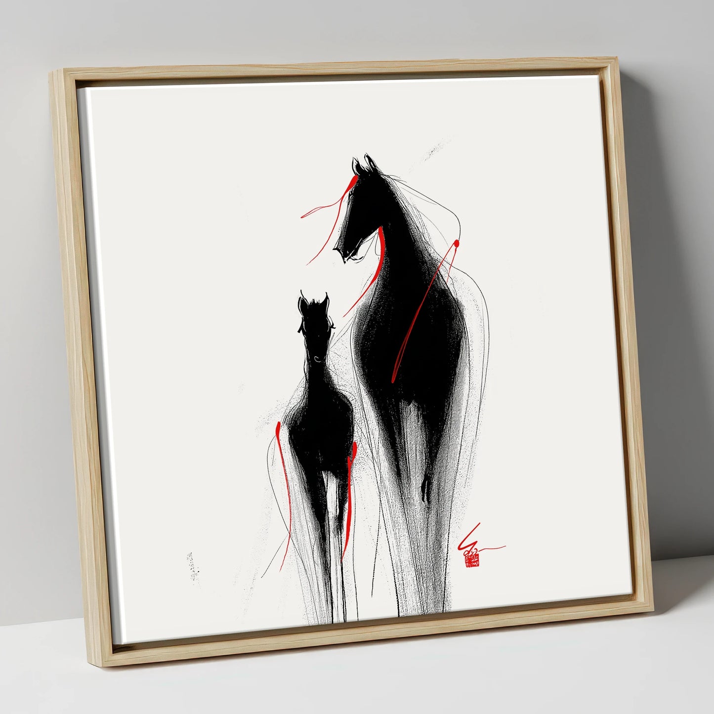 Crimson Threads mare & foal canvas wall art in natural frame