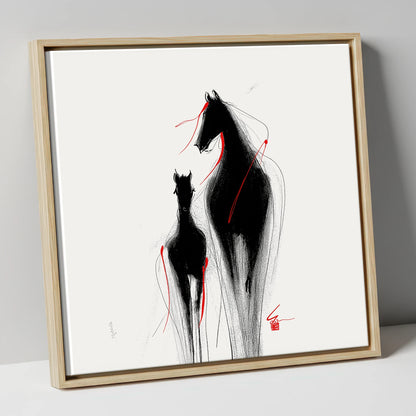 Crimson Threads mare & foal canvas wall art in natural frame