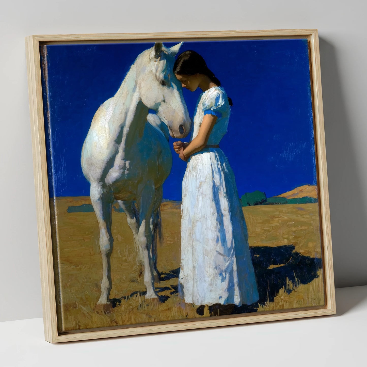 Sunlit Serenity horse & rider canvas wall art in natural frame
