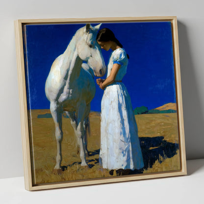 Sunlit Serenity horse & rider canvas wall art in natural frame
