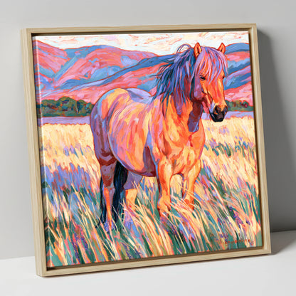 Colourful Horse in Golden Grass horse breed canvas wall art in natural frame