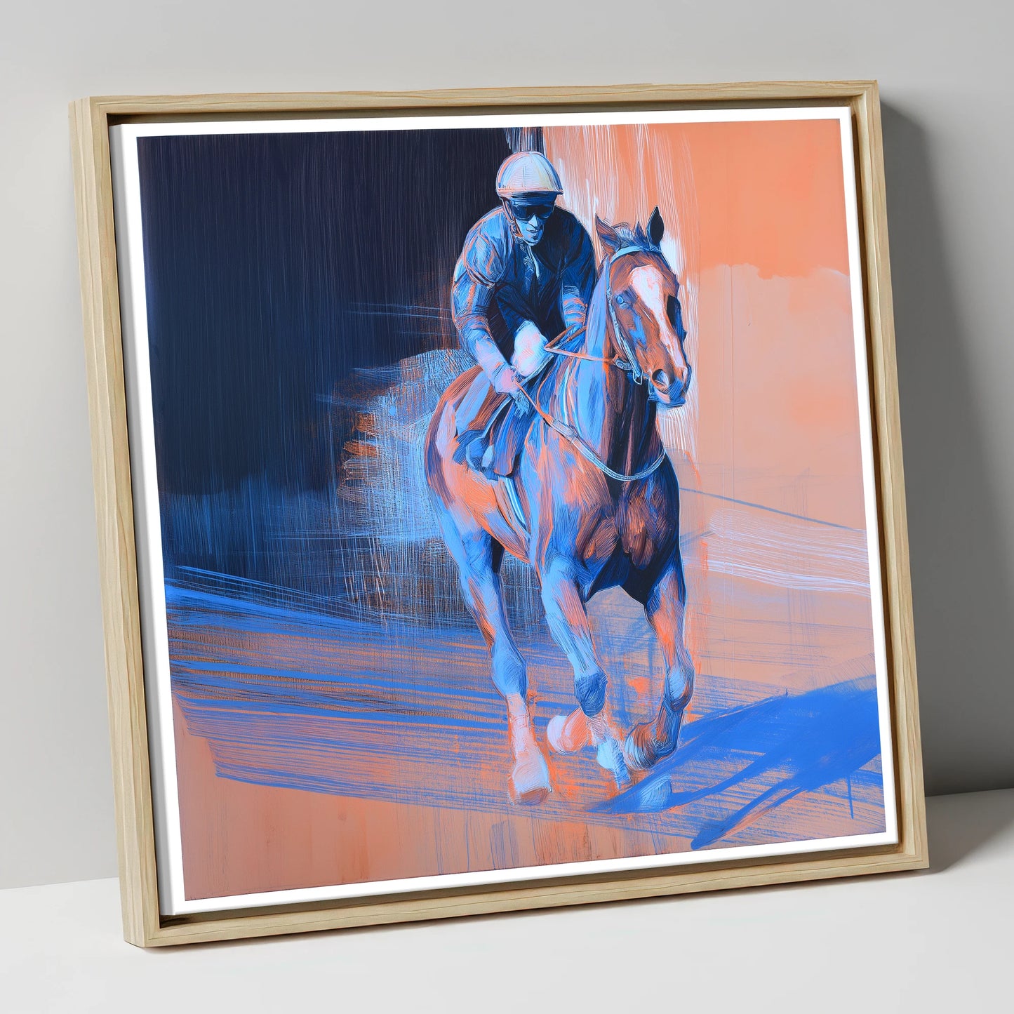 Shadows on the Track racing horse canvas wall art in natural frame