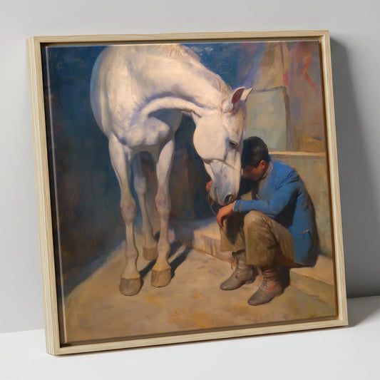 A Moment of Solace horse & rider canvas wall art in natural frame