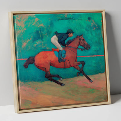 Rhythm in Emerald racing horse canvas wall art in natural frame