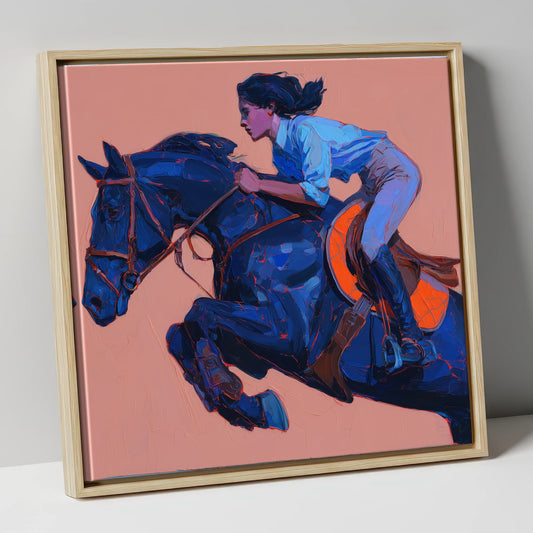 Indigo Flight show jumping horse canvas wall art in natural frame