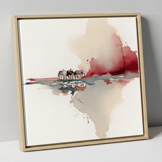 Crimson Reflections horse landscape canvas wall art in natural frame
