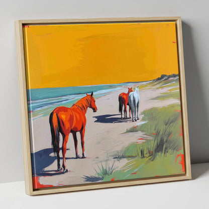 Golden Sands Companions horse landscape canvas wall art in natural frame
