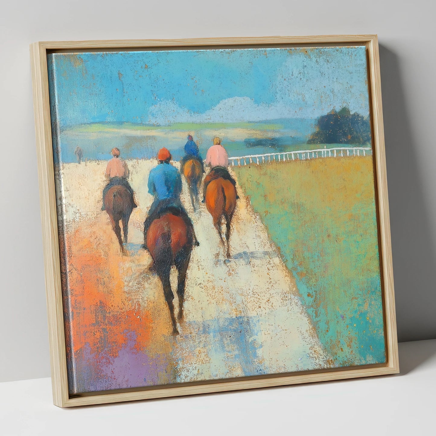 The Morning String racing horse canvas wall art in natural frame