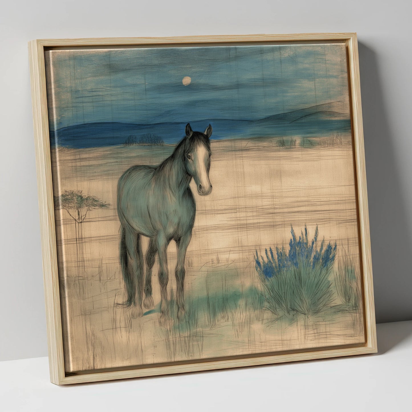 Twilight Moonlit Watch horse landscape canvas wall art in natural frame