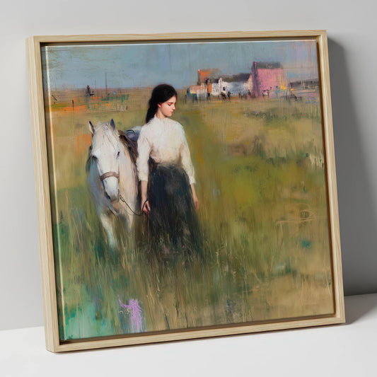 A Quiet Bond horse & rider canvas wall art in natural frame