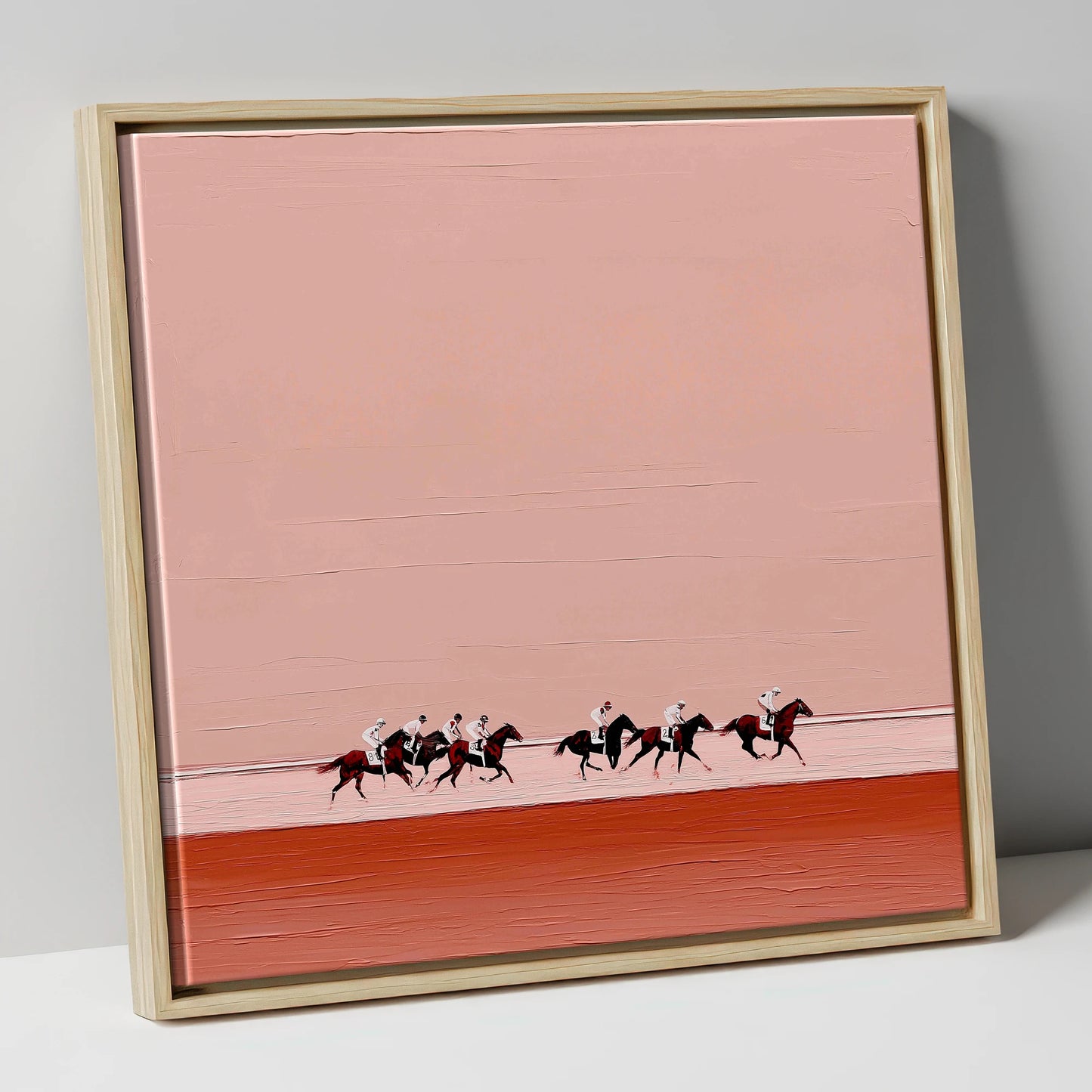 Dusty Rose Gallop racing horse canvas wall art in natural frame
