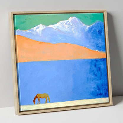 Alpine Solitude horse landscape canvas wall art in natural frame
