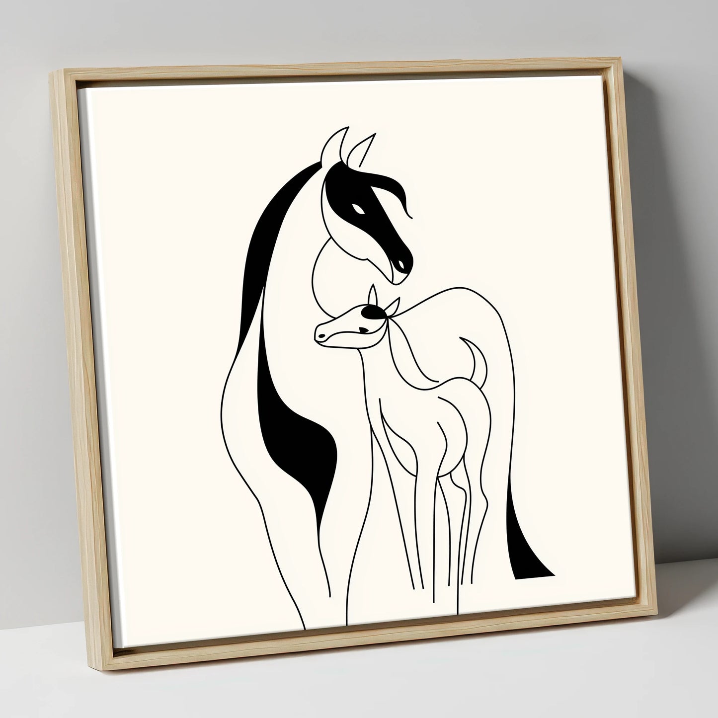 Tender Equine Silhouette mare & foal canvas wall art in natural frame