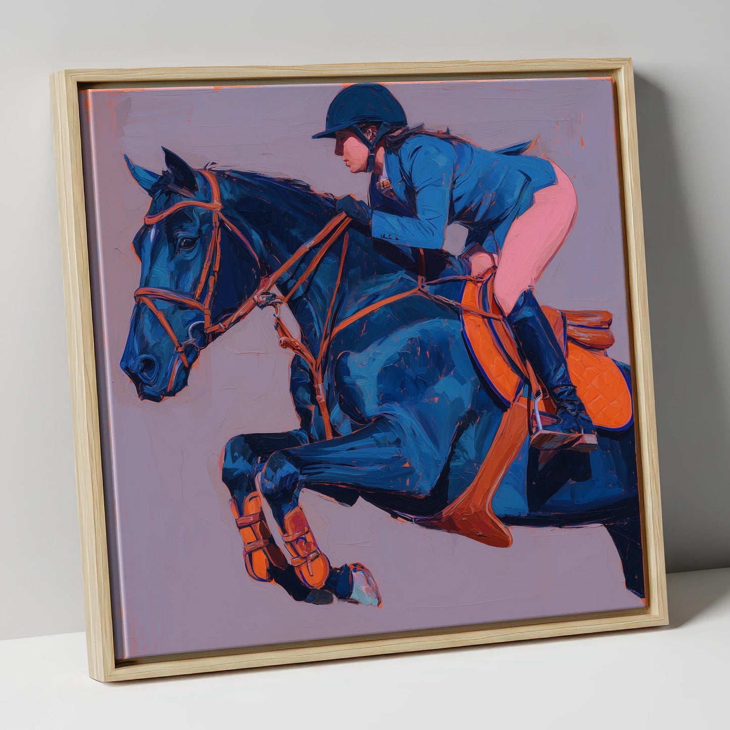Flight in Indigo show jumping horse canvas wall art in natural frame