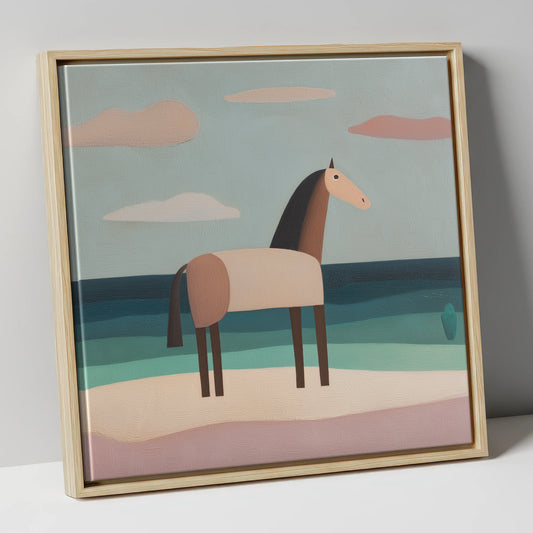 Tranquil Coastal Horizons horse landscape canvas wall art in natural frame