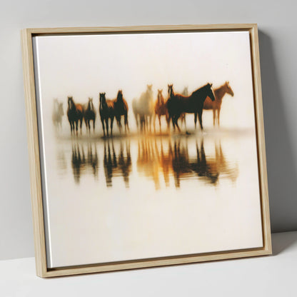 Mirrored in Mist wild horses canvas wall art in natural frame