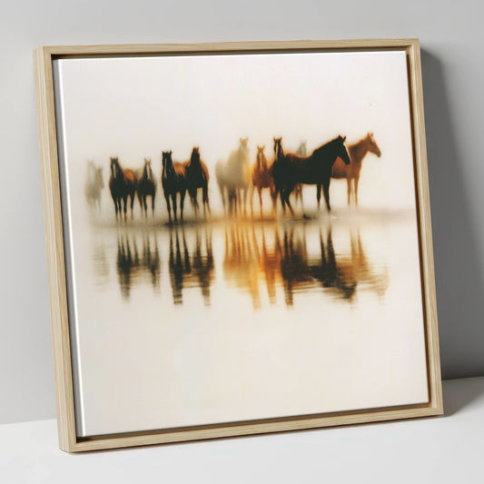 Mirrored in Mist wild horses canvas wall art in natural frame