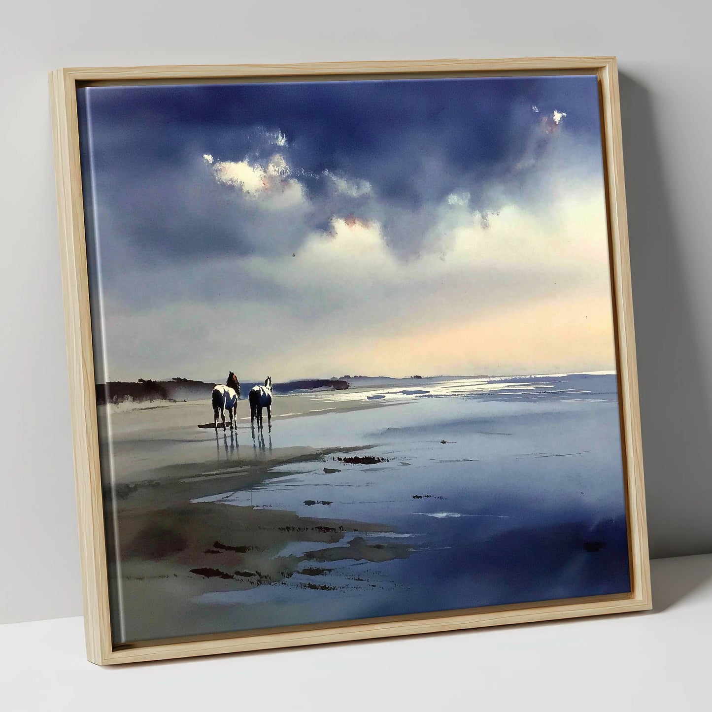 Reflections at Low Tide horse landscape canvas wall art in natural frame