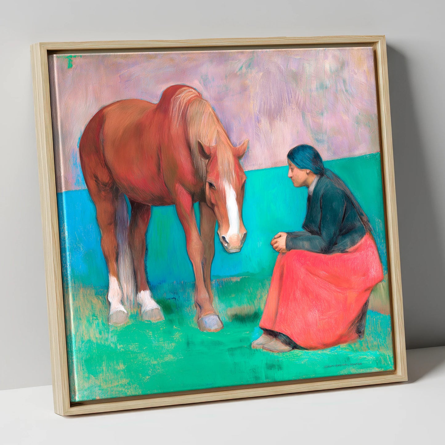 The Silent Dialogue horse & rider canvas wall art in natural frame
