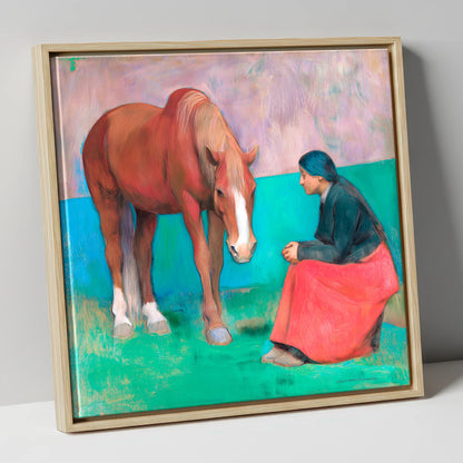 The Silent Dialogue horse & rider canvas wall art in natural frame