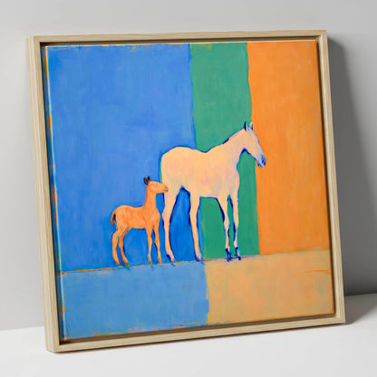 Cobalt and Terracotta Bond mare & foal canvas wall art in natural frame