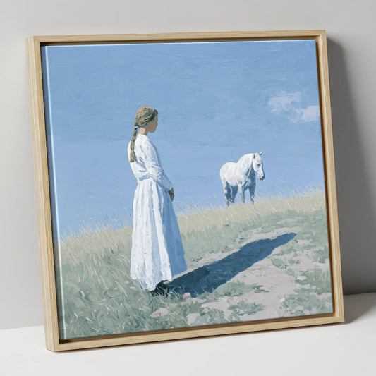 The Quiet Companion horse & rider canvas wall art in natural frame