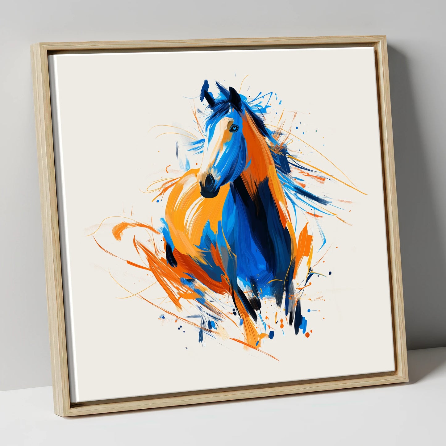 Cobalt and Amber Spirit horse portrait canvas wall art in natural frame