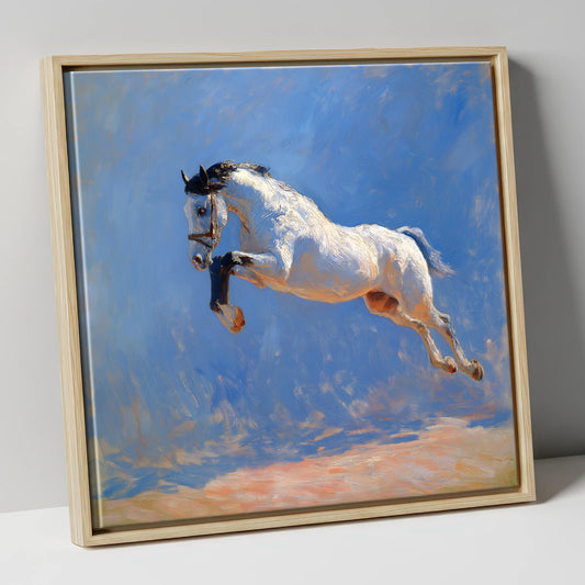 Luminous Leap show jumping horse canvas wall art in natural frame