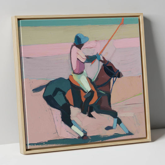 Dusty Rose Chukka polo horse canvas wall art in natural frame