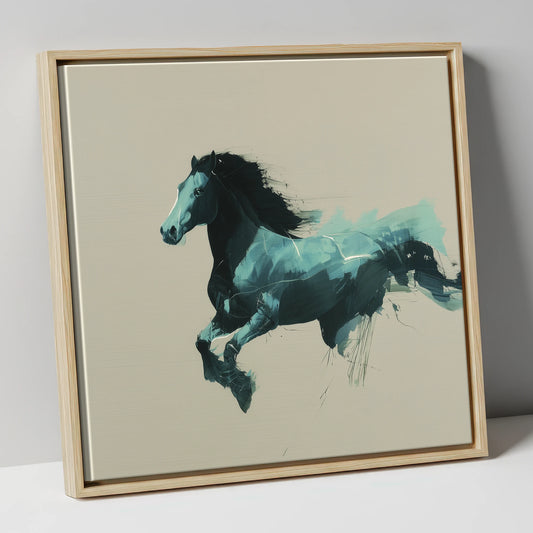 Dynamic Teal Bound horse breed canvas wall art in natural frame