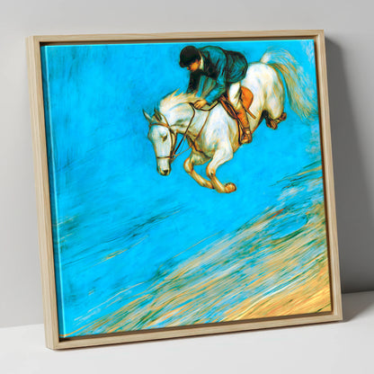 Cerulean Flight show jumping horse canvas wall art in natural frame