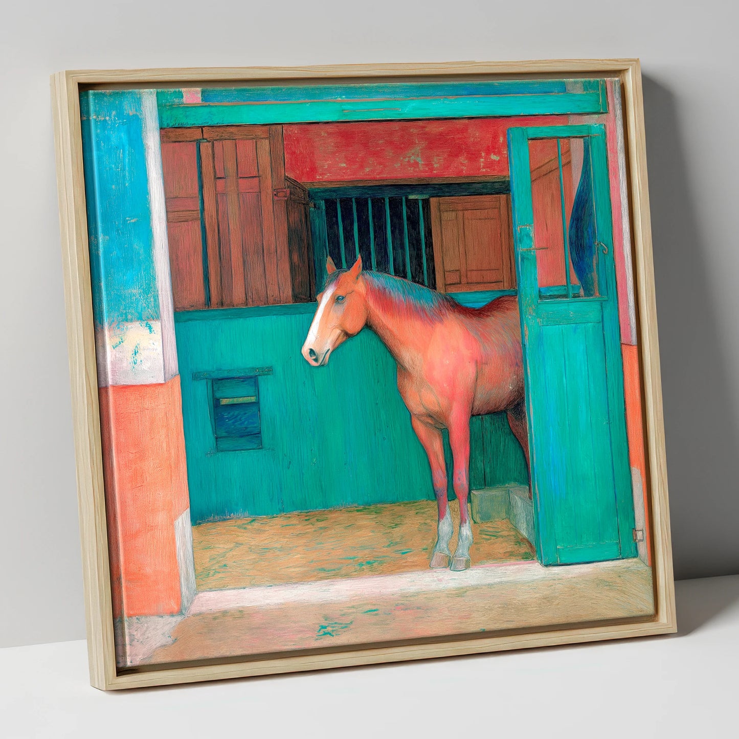 The Emerald Stable Door horse stable canvas wall art in natural frame