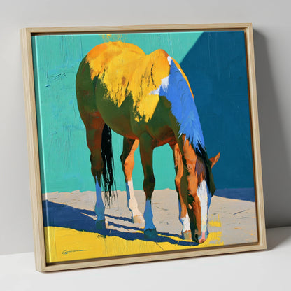 Grazing Horse in Vibrant Light horse breed canvas wall art in natural frame