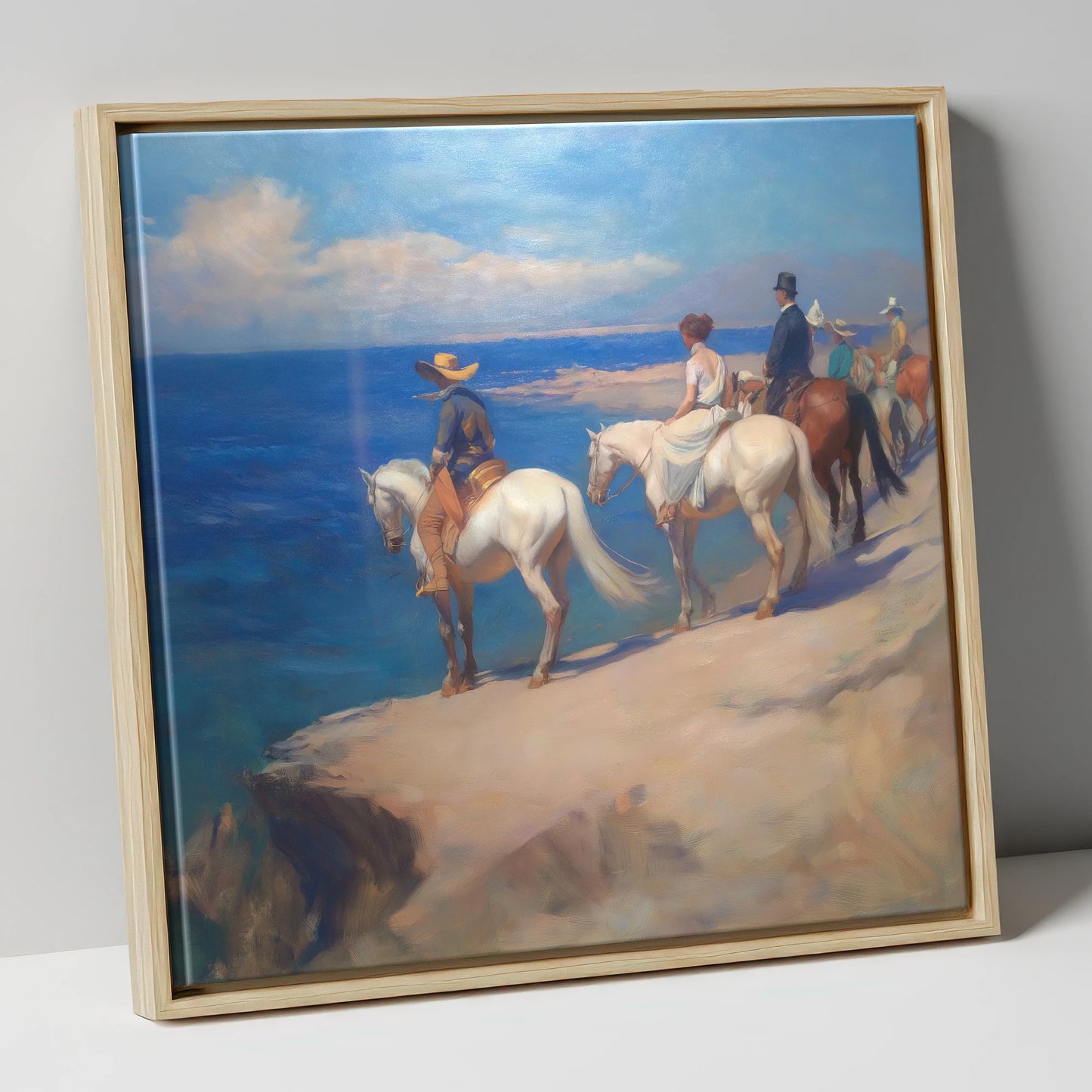 Coastal Riders Halt horse landscape canvas wall art in natural frame