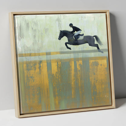 Flight Over Gold show jumping horse canvas wall art in natural frame