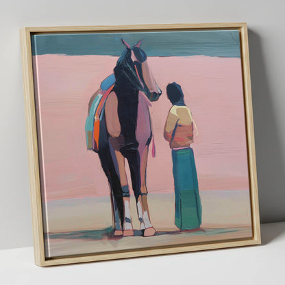 Stillness in Rose horse & rider canvas wall art in natural frame