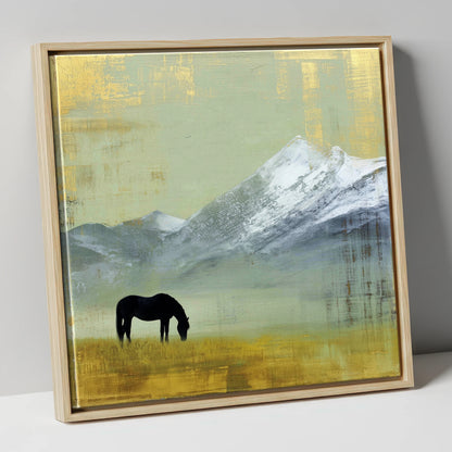 Gilded Mountain Solitude horse landscape canvas wall art in natural frame