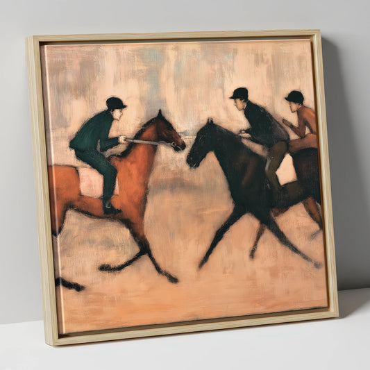 Meeting on the Gallops racing horse canvas wall art in natural frame