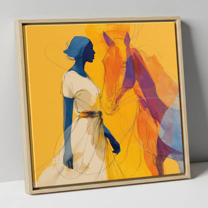 Golden Synchronicity horse & rider canvas wall art in natural frame