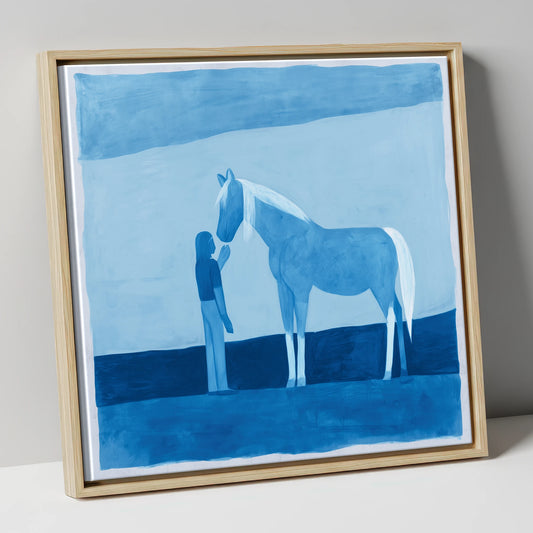Cerulean Bond horse & rider canvas wall art in natural frame