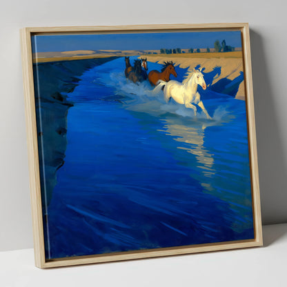 Azure Water Crossing wild horses canvas wall art in natural frame