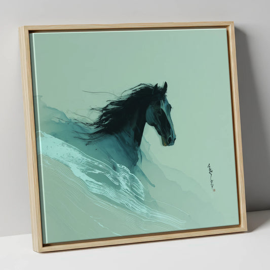 Charcoal Tempest horse breed canvas wall art in natural frame