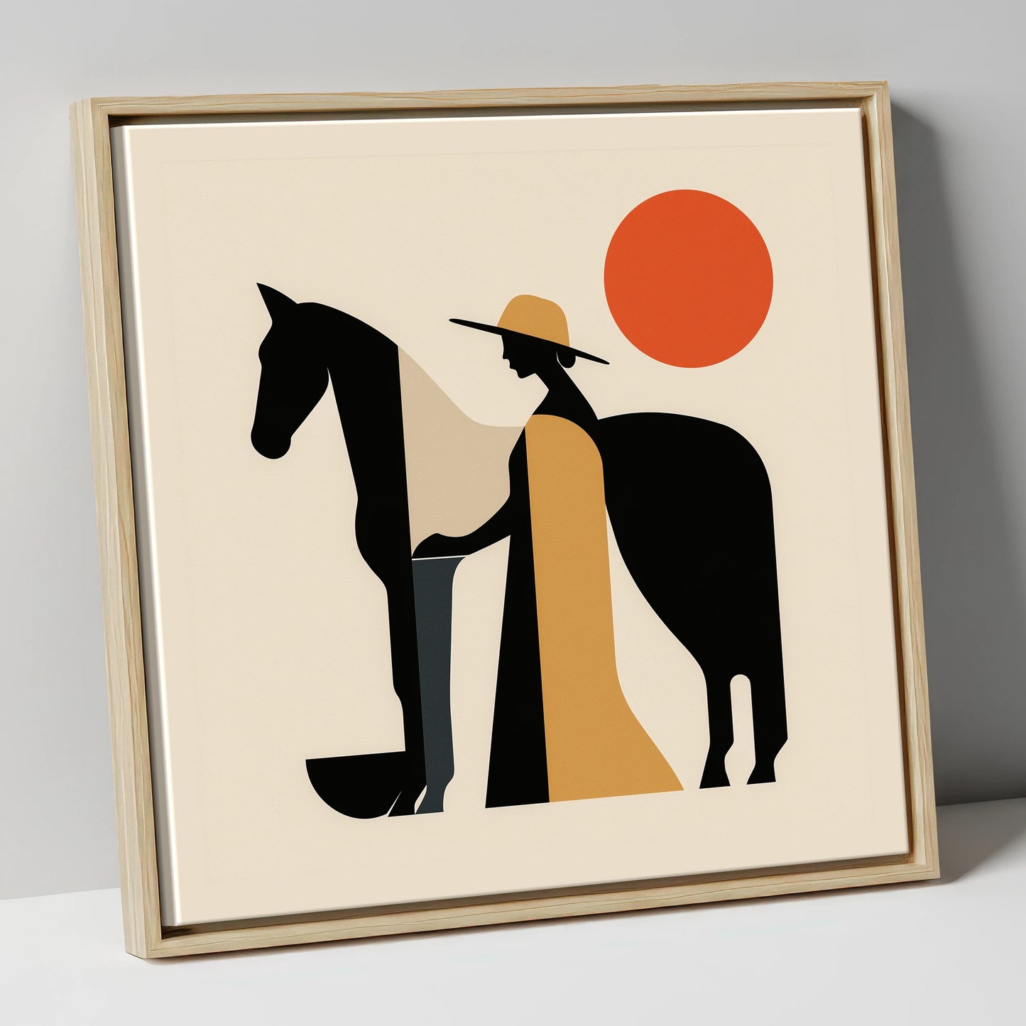 Sunlit Equine Silhouette horse & rider canvas wall art in natural frame