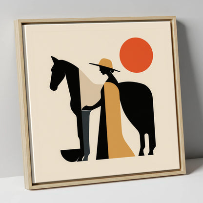 Sunlit Equine Silhouette horse & rider canvas wall art in natural frame