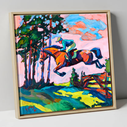 Vibrant Cross Country Leap show jumping horse canvas wall art in natural frame