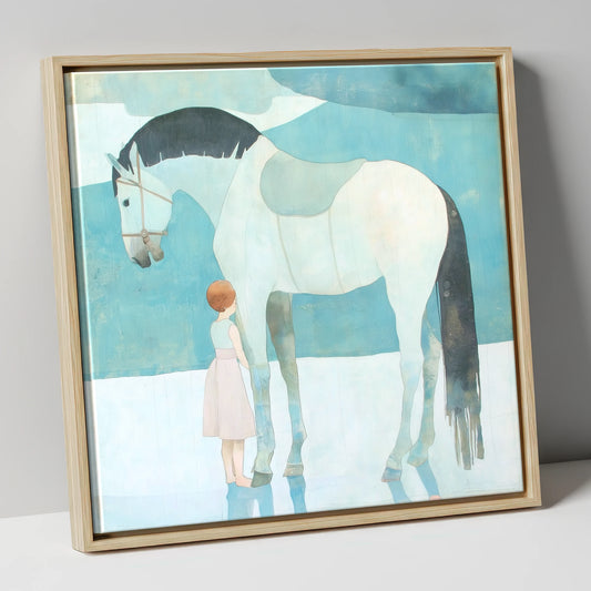 Quiet Trust horse & rider canvas wall art in natural frame