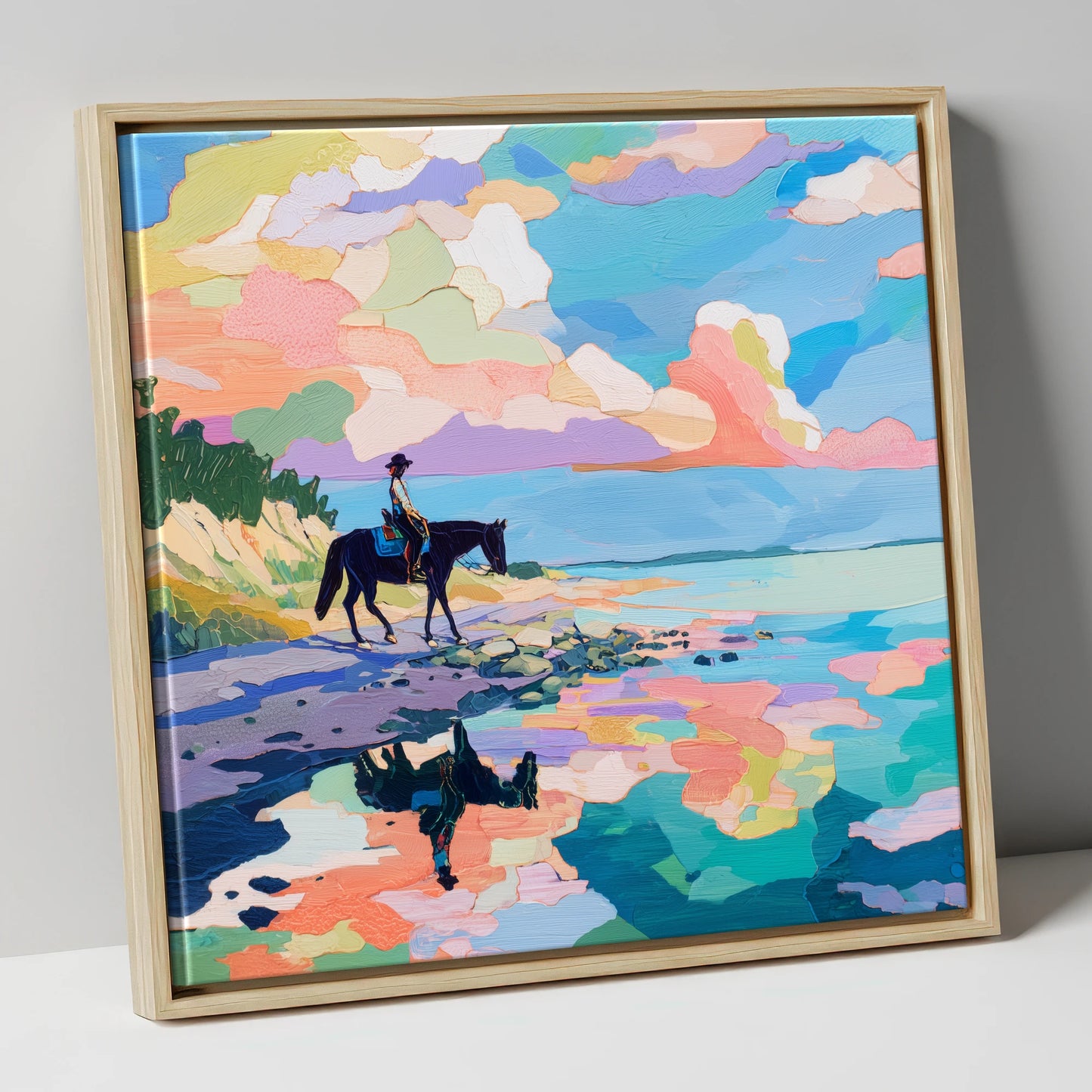 Technicolour Tide beach horse canvas wall art in natural frame