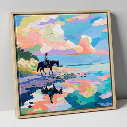 Technicolour Tide beach horse canvas wall art in natural frame